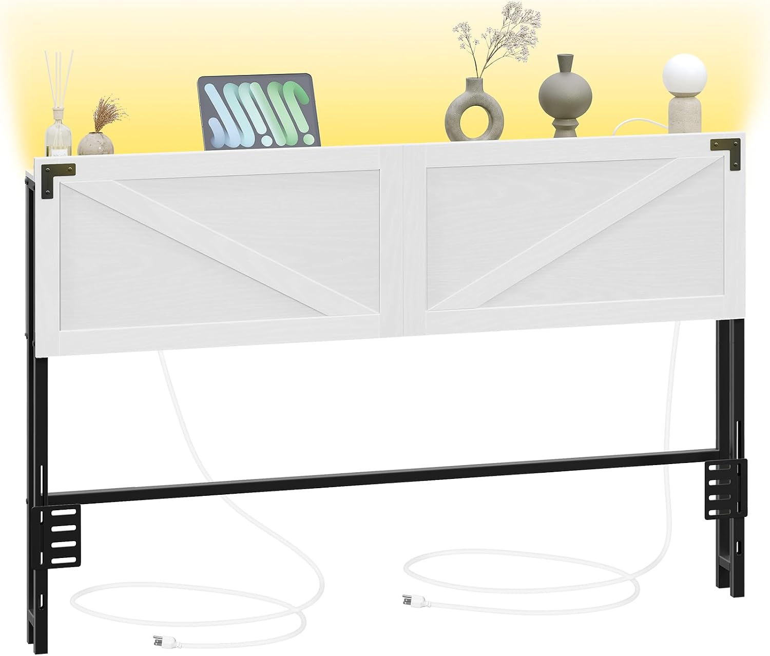 MAHANCRIS Queen Size Headboard Only, Headboard with 2 Outlets and 2 USB Ports, Farmhouse Headboard, with LED Lights, Secure Storage with Raised Fence, with Bed Frame Adapter, White and Black