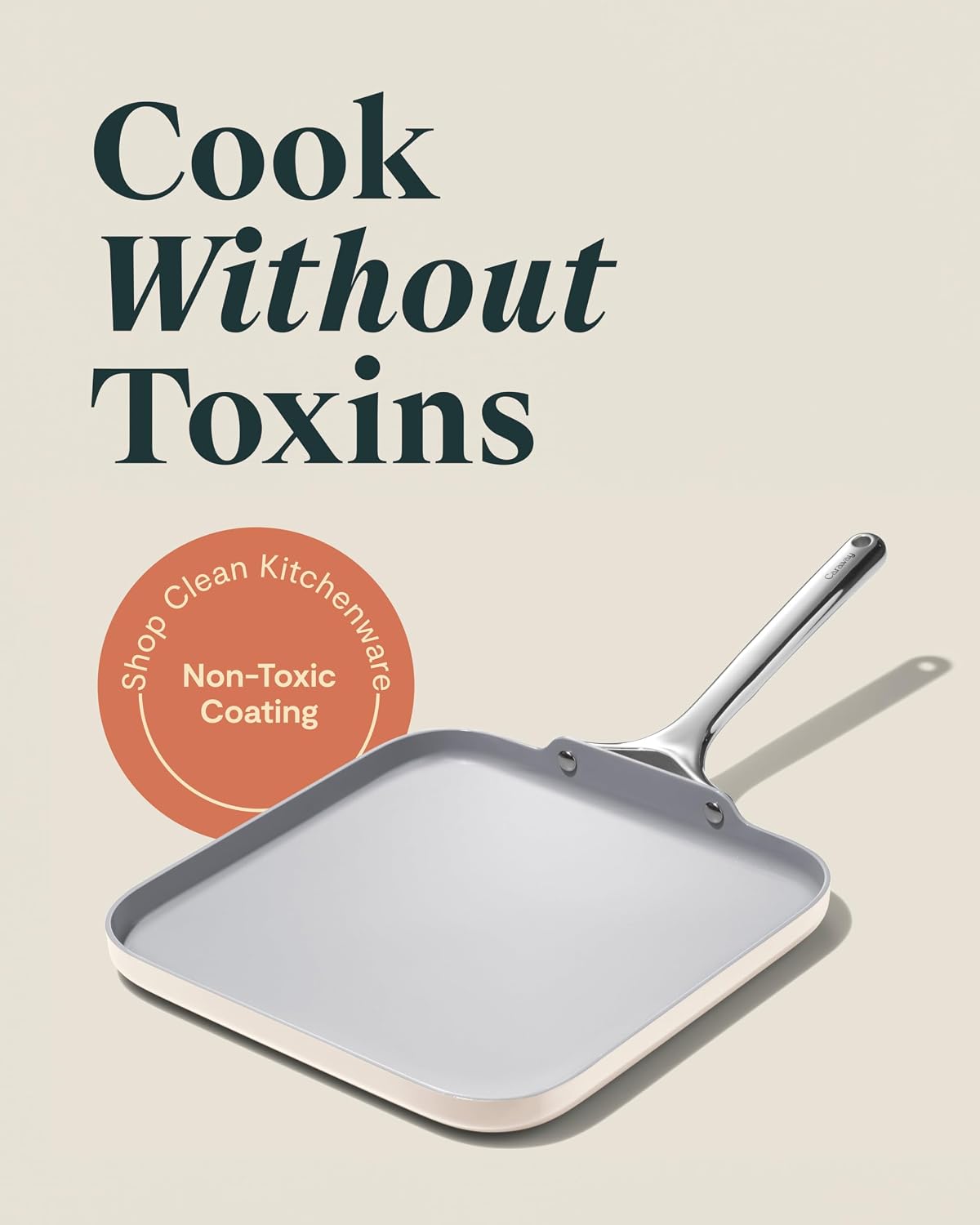 Caraway Square Griddle Pan - 11' Square Pan - Non-Stick Ceramic Coated - Non Toxic, PTFE & PFOA Free - Oven Safe & Compatible with All Stovetops - Cream