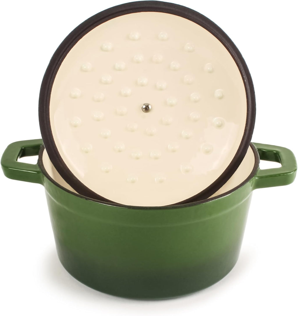 BergHOFF 3Pc Neo Enameled Cast Iron Cookware Set, 3qt. Dutch Oven, Matching Lid, Square Grill Pan 11 Inches, Oven Safe Up To 400°F, Green