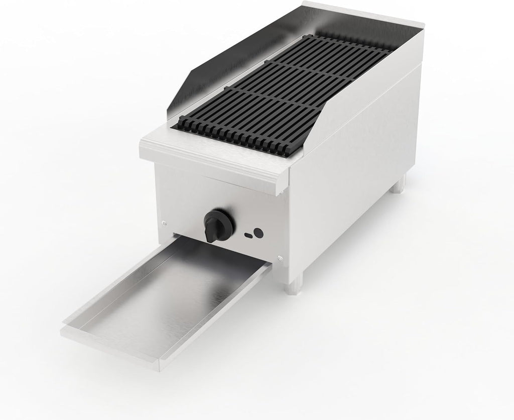12 Inch Commercial Gas Lava Rock Charbroiler, Stainless Steel Countertop Grill with 1 Burner, Restaurant BBQ Broiler with Durable Cast Iron Grates, Natural Gas/Propane, 28000 BTU