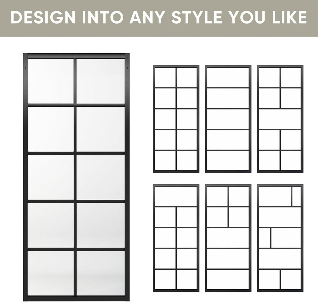 Jubest DIY Glass Sliding Closet Kitchen Door, 36in x 84in Modern French 5-Lite Clear Tempered Glass Aluminum Frame, Easy Assembly