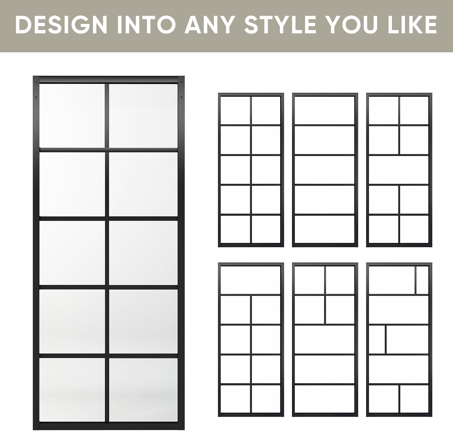 Jubest DIY Glass Sliding Closet Kitchen Door, 36in x 84in Modern French 5-Lite Clear Tempered Glass Aluminum Frame, Easy Assembly