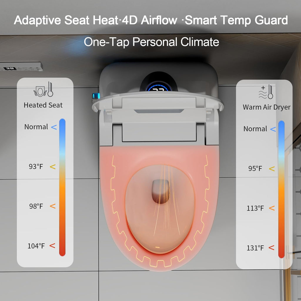Smart Toilet Bidet with Foot Sensor Open Cover,Seat, Self Cleaning Nozzle, LED Display, Three Level Heated Seat,Airflow, Night Light, Knob Control, Soft Close, Auto Flush, with Remote Control
