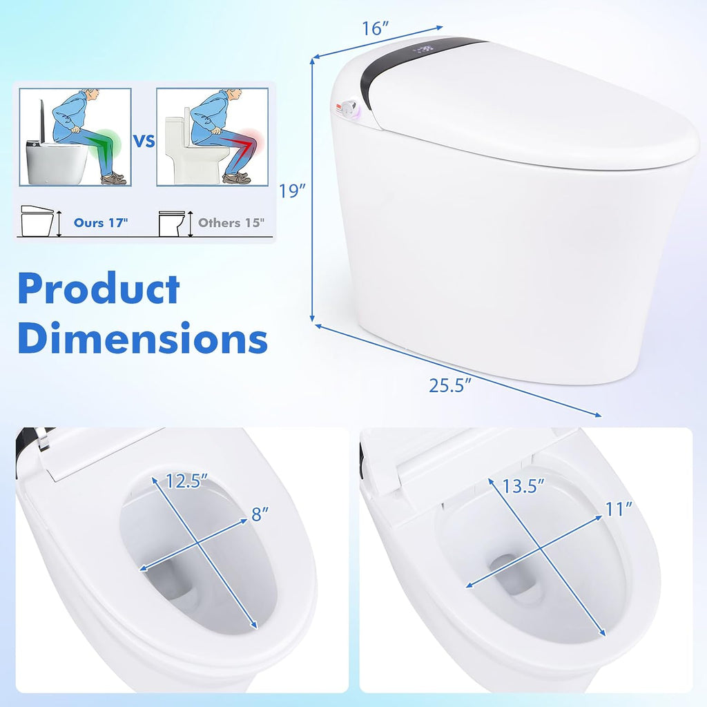 Giantex Smart Toilet, Bidet Toilet Seat Elongated with 1.28 GPF Dual Auto Flush, Adjustable Heated Seat, Dryer, Auto Open/Close Lid, Kick Sensor, Night Light, Remote/Side Knob Control, Tankless Toilet