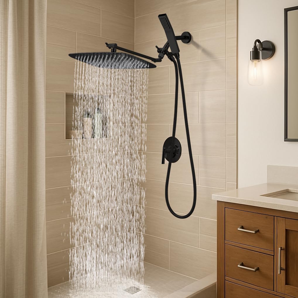 G-Promise All Metal 16 Inch Dual Square Shower Head with Handheld Spray Combo, Rain Shower Head, Adjustable Extension Arm, 3-Way Diverter, 71 Inch Extra Long Hose - A Bathroom Upgrade (Matte Black)