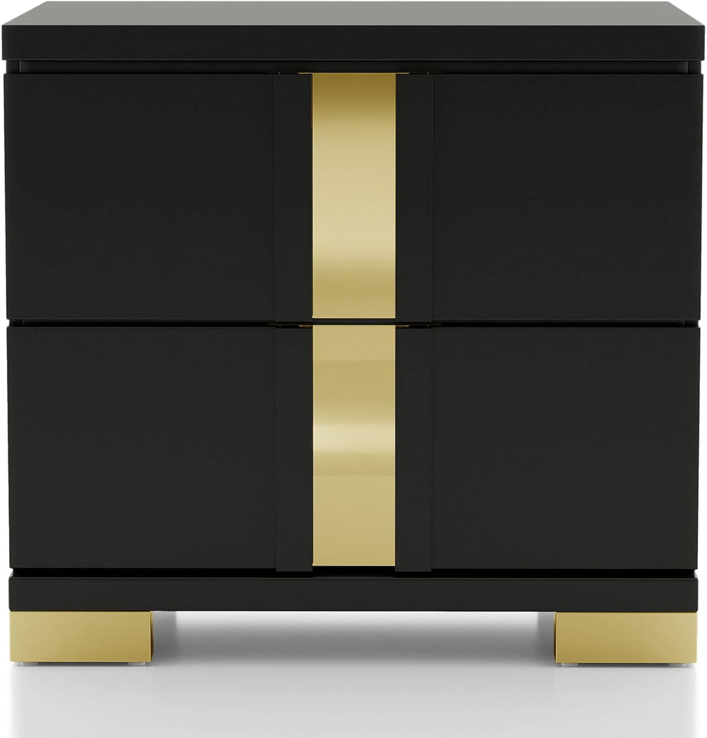Furniture of America Ansten Modern Wood 5-Piece Platform Bedroom Set with Gold Trim, Underbed LED, Dust Proof Cases, Bracketed Metal Legs, No Box Spring Needed, Full, Black