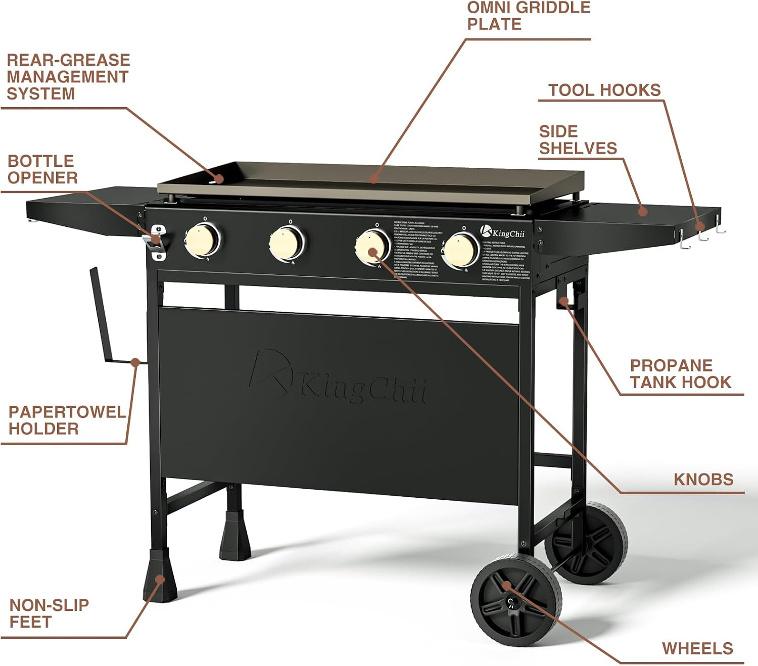 KingChii 32' 4-Burner Griddle with Counter Height Side Shelves, Powder Coated Steel, Black