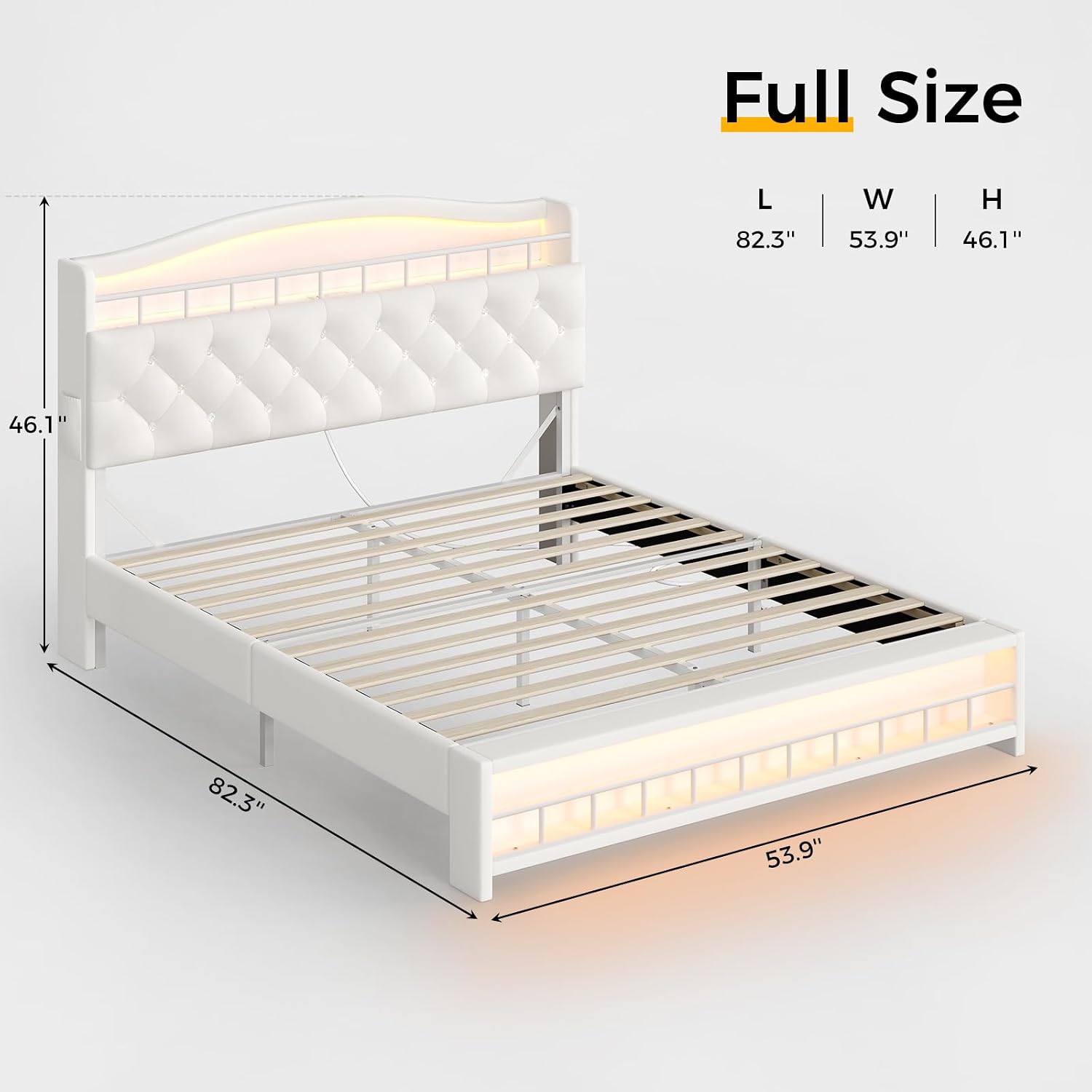 BTHFST Full Size Upholstered Girl Bed with LED Lights & Charging Station, Princess Platform Bed with Hidden Storage Headboard, No Box Spring Needed/Easy Assembly, Beige