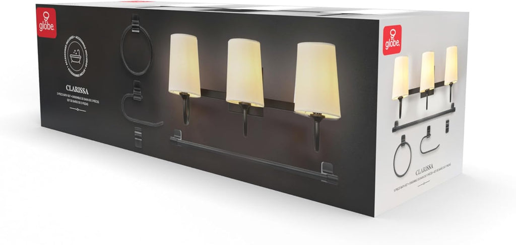 Globe Electric 63000206 5-Piece All-in-One Bathroom Set, 3-Light Vanity Light, Matte Black, Linen Shades, Towel Bar, Robe Hook, Toilet Paper Holder, Towel Ring, Bathroom Lights Over Mirror