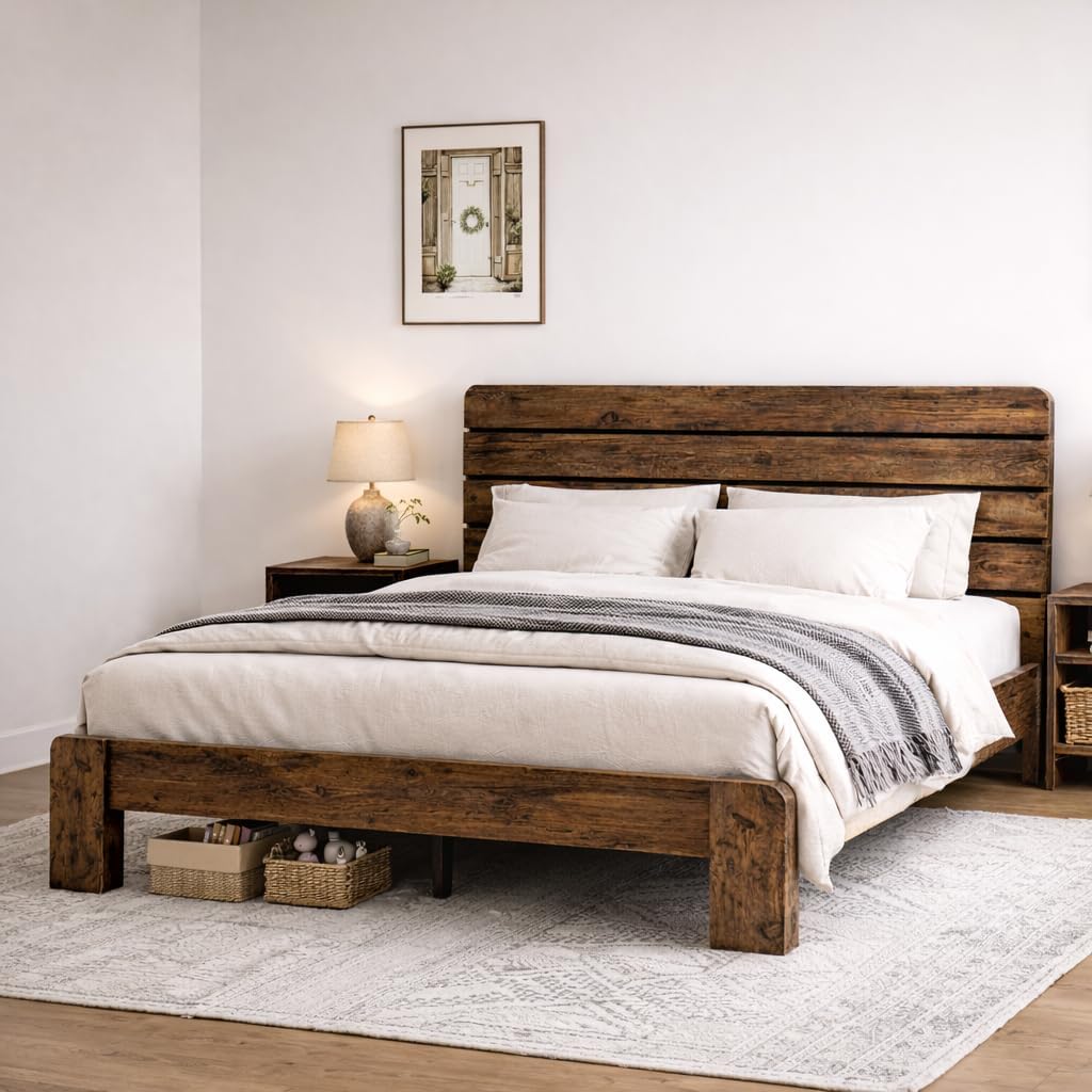 Wooden Full Size Bed Frame with Headboard, Rustic Farmhouse Platform Bedframe with Wood Slat Support, Sturdy and No Noise, Easy Assembly (Light Brown/Linear Headboard, Full)