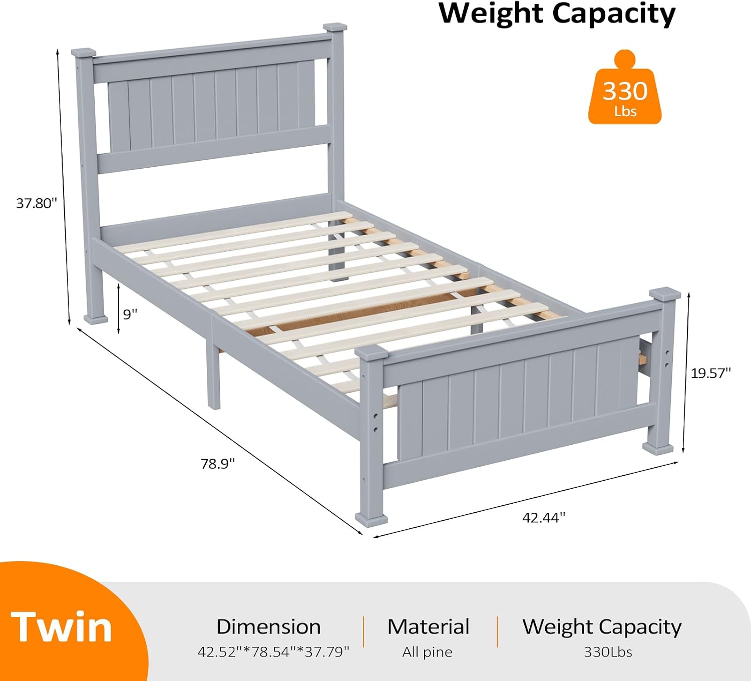 VINGLI Twin Size Set of 2 Solid Wood Bed with Headboard, Sturdy & Durable Construction,Modern Minimalist Panel Platform Bed with Strong Support for Kids,Adults & Guests,Sleigh Bed,Gray