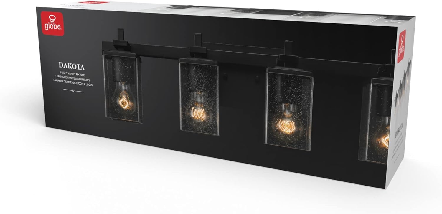 GLOBE Electric 52089 Dakota 4-Light Vanity Light, Matte Black, Seeded Glass Shades