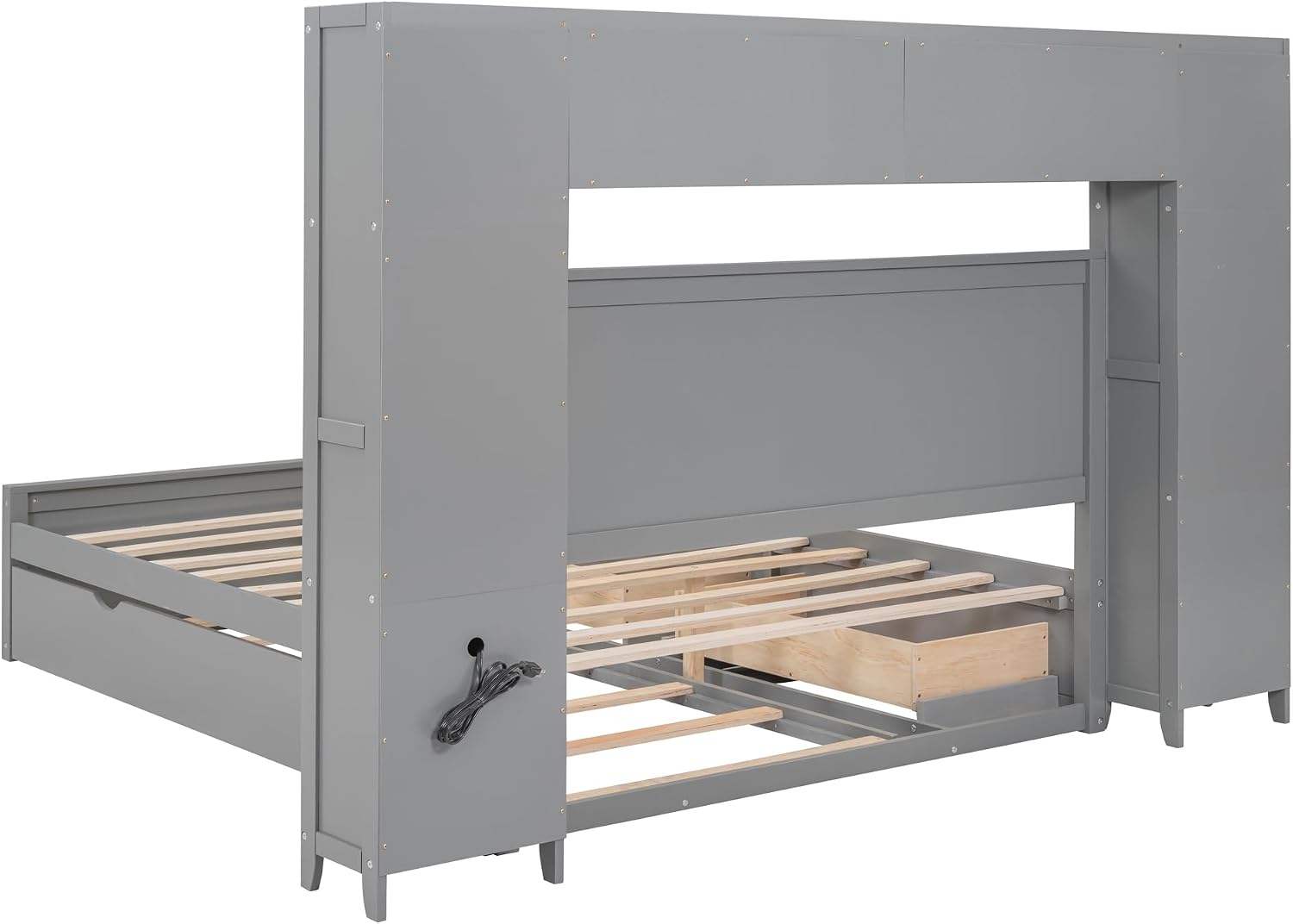 Harper & Bright Designs Queen Size Platform Bed with Trundle and Drawers, Queen Platform Bed Frame with Storage Headboard, Solid Wood Bed Frame with Bookcase and Cabinet, No Box Spring Needed (Gray)
