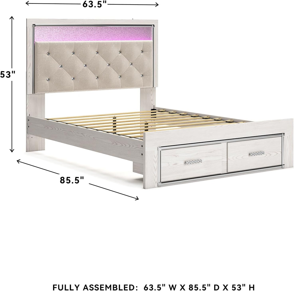 Signature Design by Ashley Altyra Contemporary Adjustable Tufted Queen Upholstered Storage Platform Bed with LED Lights and 2 Drawers, Foundation or Box Spring Not Needed, White & Gray