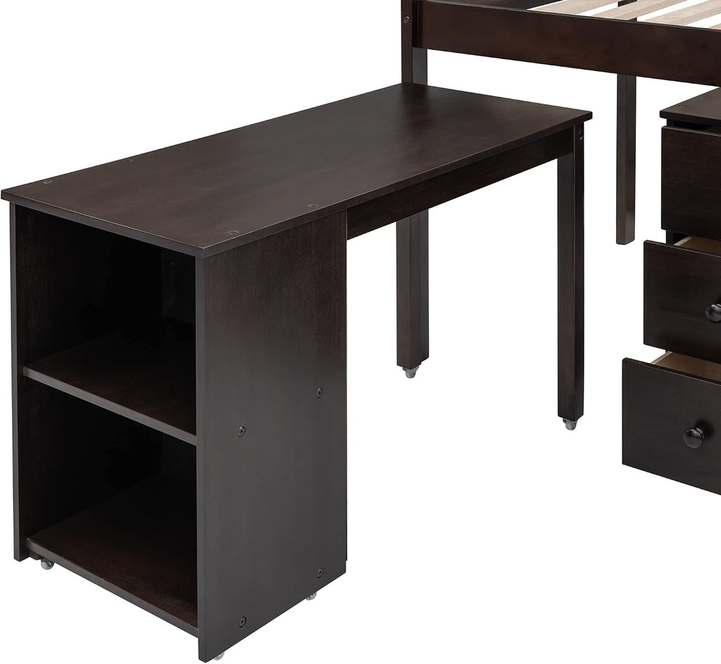 Harper & Bright Designs Wood Twin Size Loft Bed with Desk and Storage Cabinet, Low Loft Bed with Storage Drawers for Kids Teens Girls Boys, No Box Spring Needed, Space Saving, Espresso