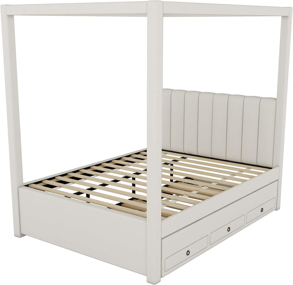 Full Size Linen Upholstered Canopy Bed with Trundle and 3 Storage Drawers for Bedroom, Guest Room (Full)