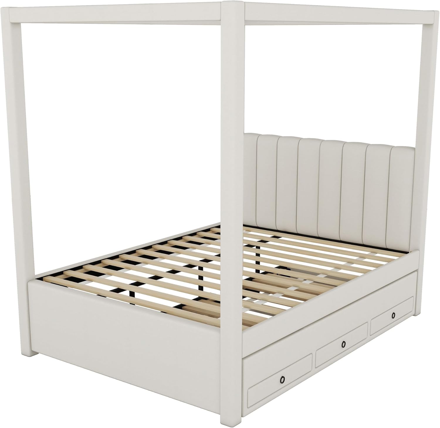 Full Size Linen Upholstered Canopy Bed with Trundle and 3 Storage Drawers for Bedroom, Guest Room (Full)