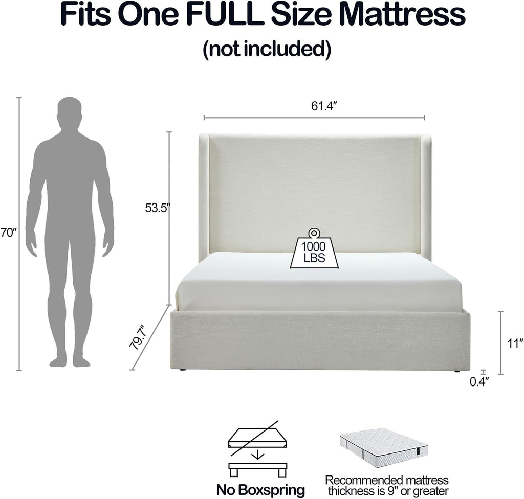 Full Textured Canvas Chenille Bed Frame with 54' Tall Headboard - Ivory Carmen Wingback Upholstered Platform Bed Elegant Simplicity Bedroom Furniture Strong Wood Slats Support No Box Spring Needed