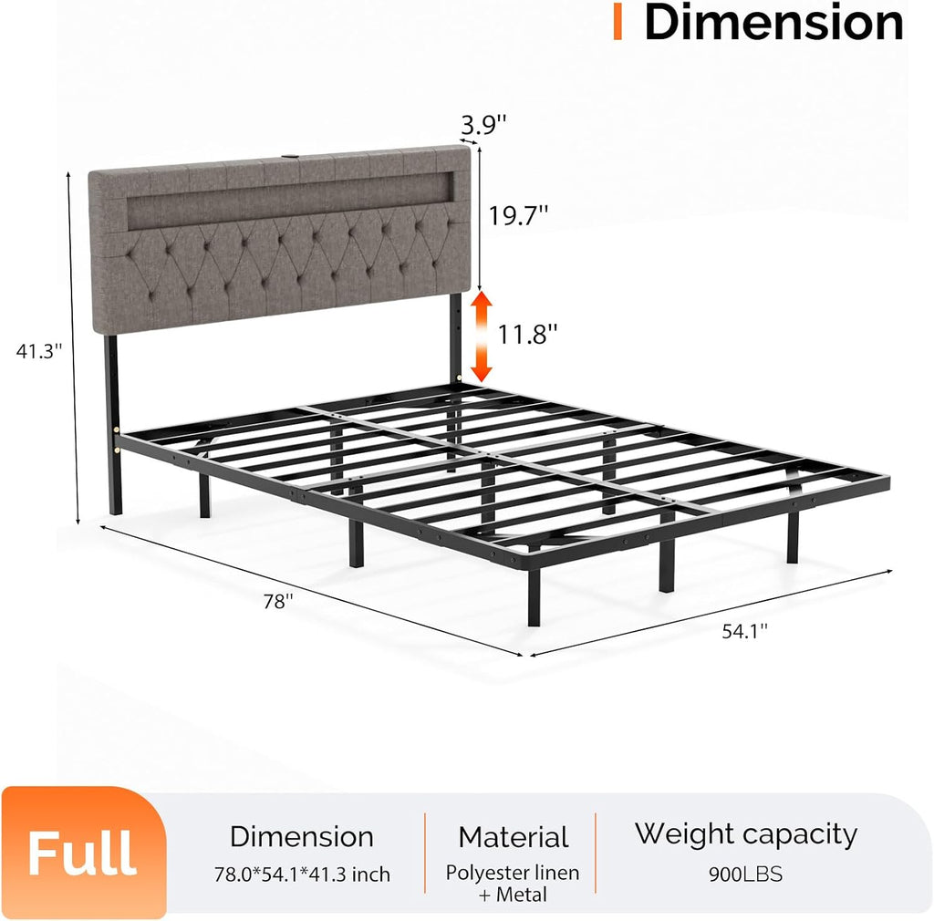 VINGLI Full Size Floating Bed Frame with Charging Station,Modern Metal Full Bed with led Lights,Easy Assembly,No Box Spring Needed,Adjustable Headboard,Upholstered Bed Frame for Adults, Kids