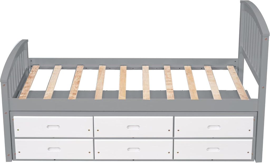 Merax Twin Size Platform Storage Bed Solid Wood Bed with 6 Drawers, Grey+ White