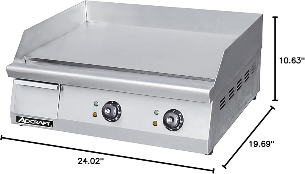 Adcraft 24' Countertop Electric Griddle with Thermostatic Controls and Heavy Duty with Temperatures ranging from 120-570 Degrees, NSF Certified, 220V, 24-inch, Stainless Steel