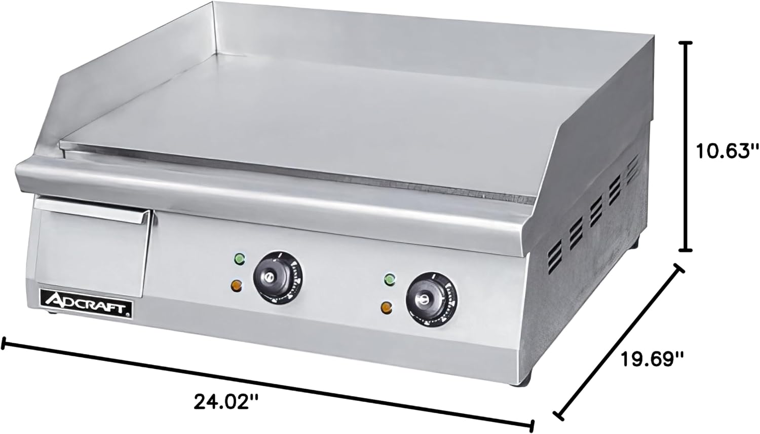 Adcraft 24' Countertop Electric Griddle with Thermostatic Controls and Heavy Duty with Temperatures ranging from 120-570 Degrees, NSF Certified, 220V, 24-inch, Stainless Steel