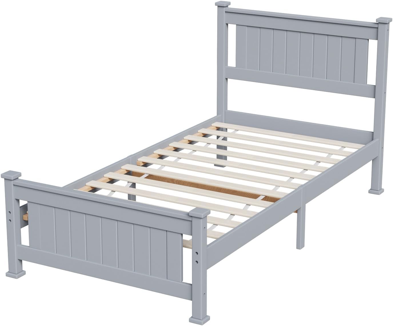 VINGLI Twin Size Solid Wood Bed with Headboard, Sturdy & Durable Construction,Modern Minimalist Panel Platform Bed with Strong Support for Kids,Adults & Guests,Sleigh Bed,Warm Gray
