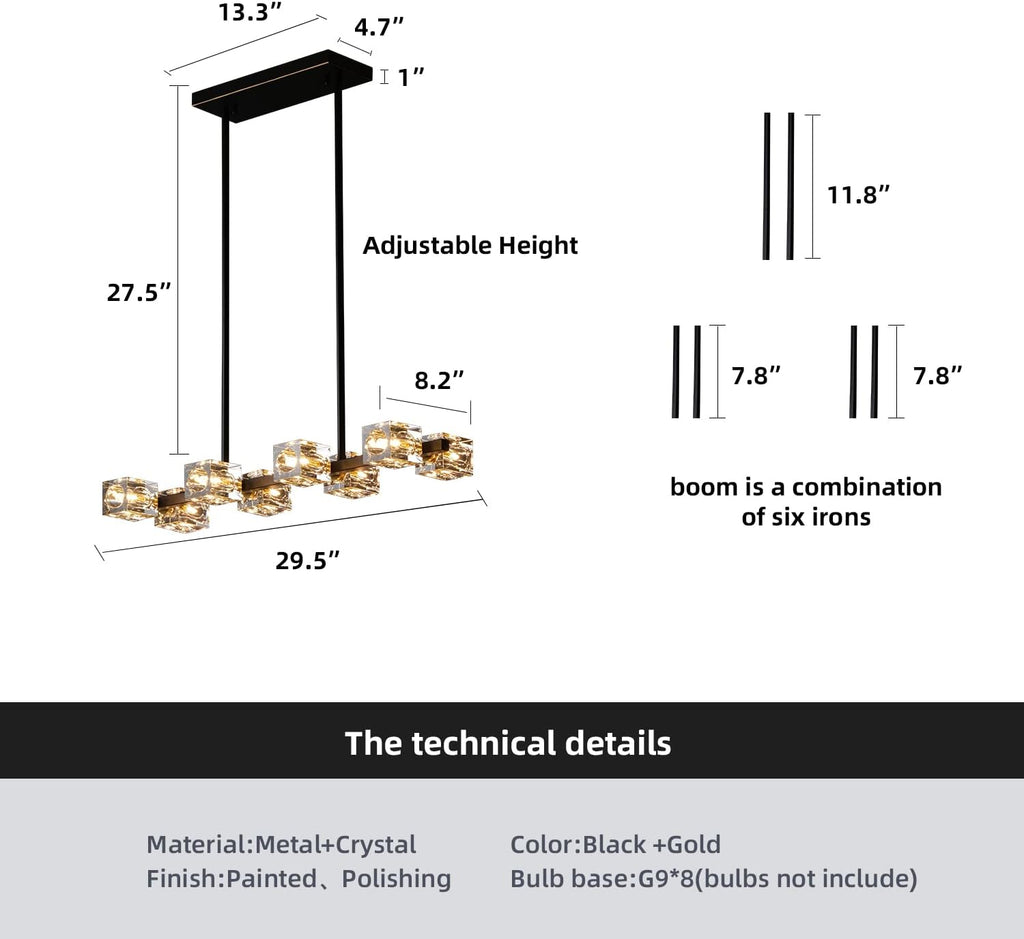 Modern Crystal Chandelier for Dining Room,Black and Gold Pendant Lights Fixture with 8-Lights,Adjustable Height Hanging Ceiling Light for Kitchen Island,Bedroom,Over Table,Living Room