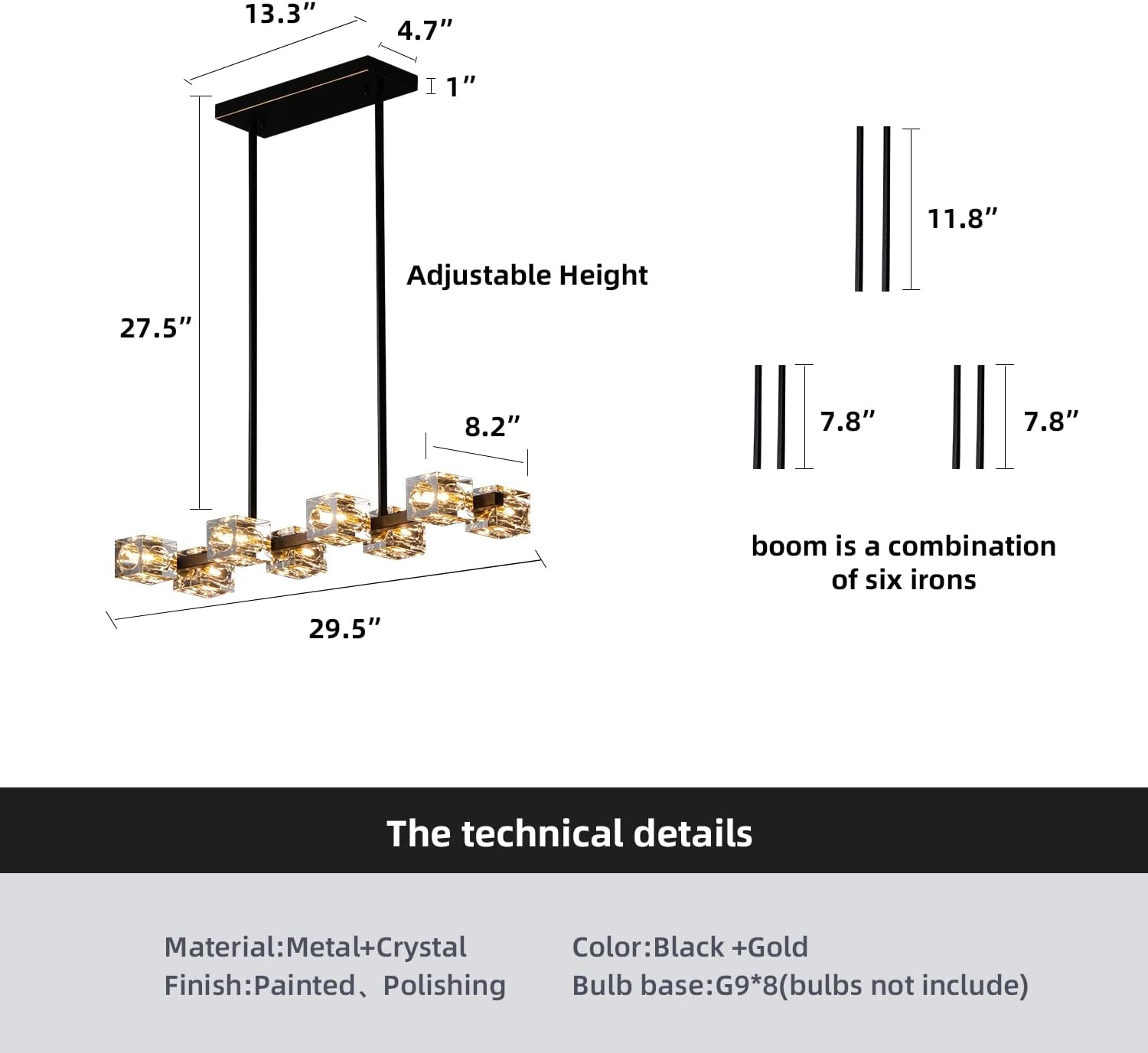 Modern Crystal Chandelier for Dining Room,Black and Gold Pendant Lights Fixture with 8-Lights,Adjustable Height Hanging Ceiling Light for Kitchen Island,Bedroom,Over Table,Living Room