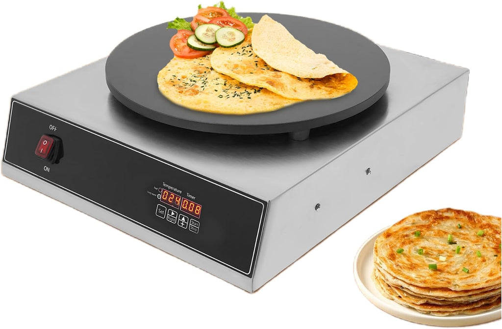 16'' Electric Crepe Maker, 1650W Commercial Stainless Steel Pancake Griddle, Non-Stick Crepe Machine with Adjustable Temperature & Timer