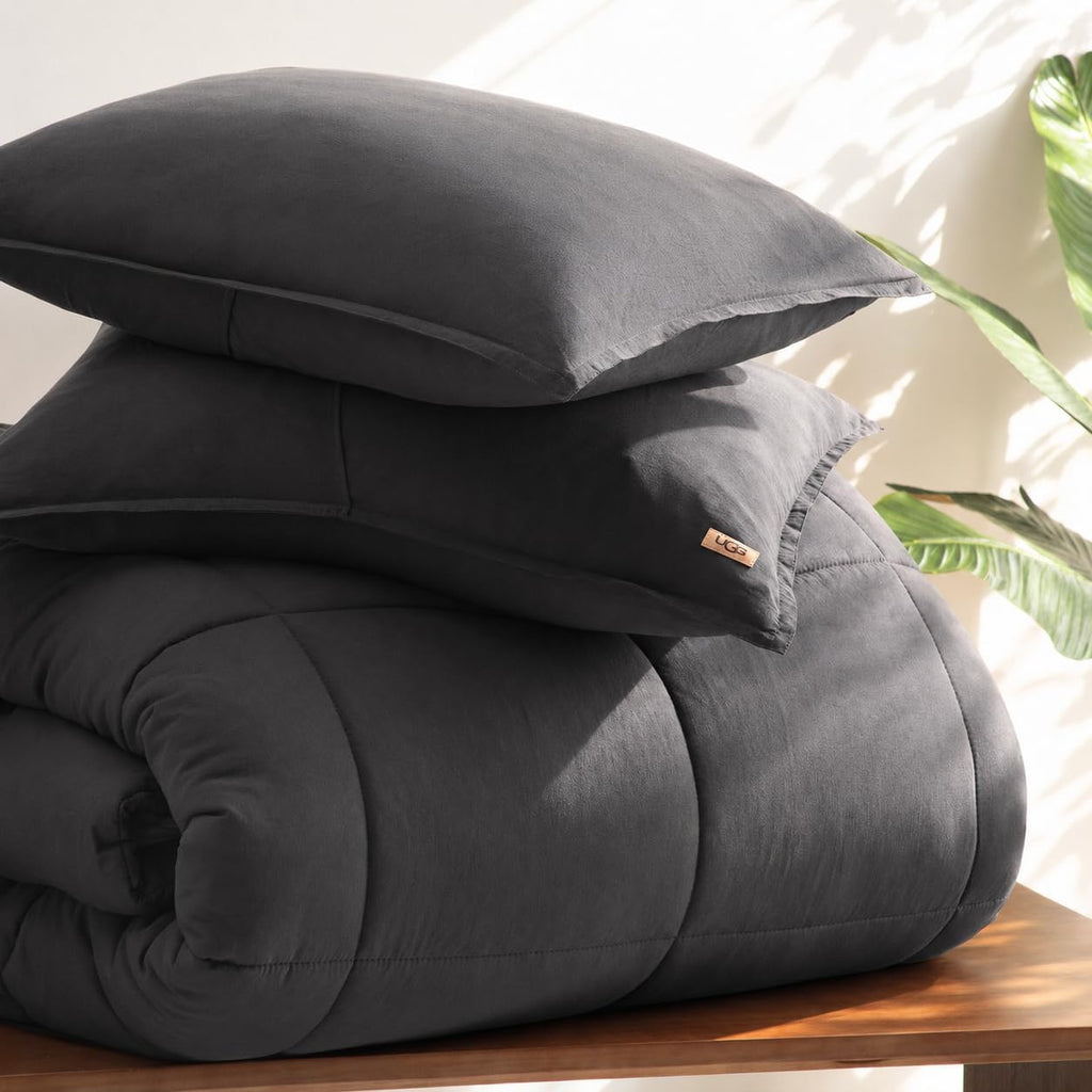 UGG Leonora Comforter Set with 2 Pillow Shams Lightweight Down Alternative Blanket Reversible Cozy Warm All Season Washable and Hypoallergenic Bedding Set, Full/Queen, Charcoal Grey