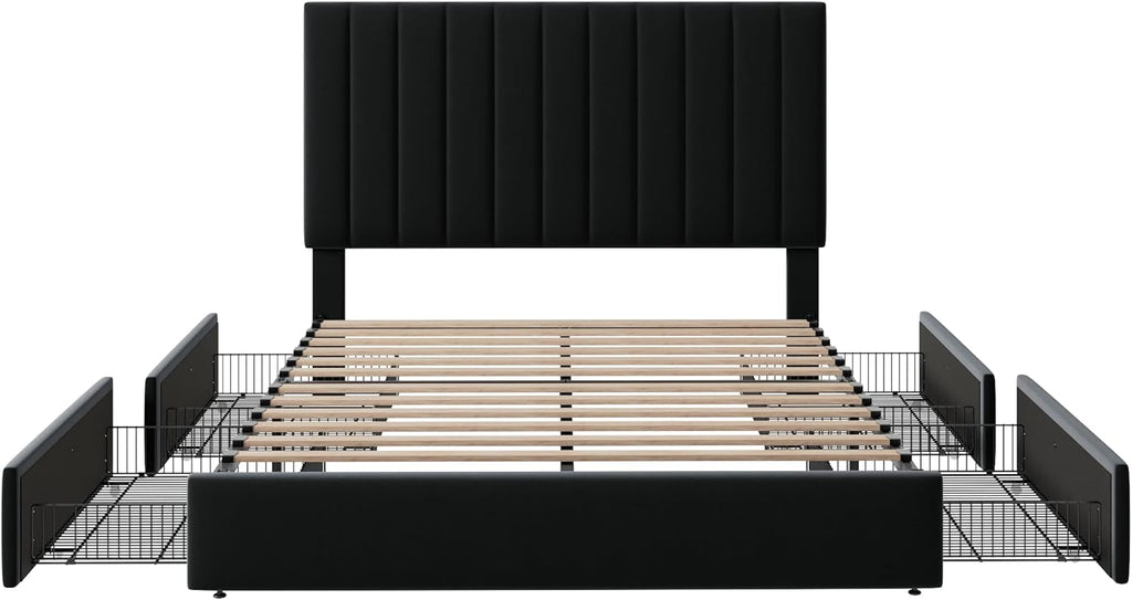 Allewie Full Size Storage Bed Frame, Vertical Channel Tufted Adjustable Headboard, Velvet Upholstered Platform Bed with 4 Oversized Underbed Drawers, Wooden Slats Support, No Box Spring Needed, Black