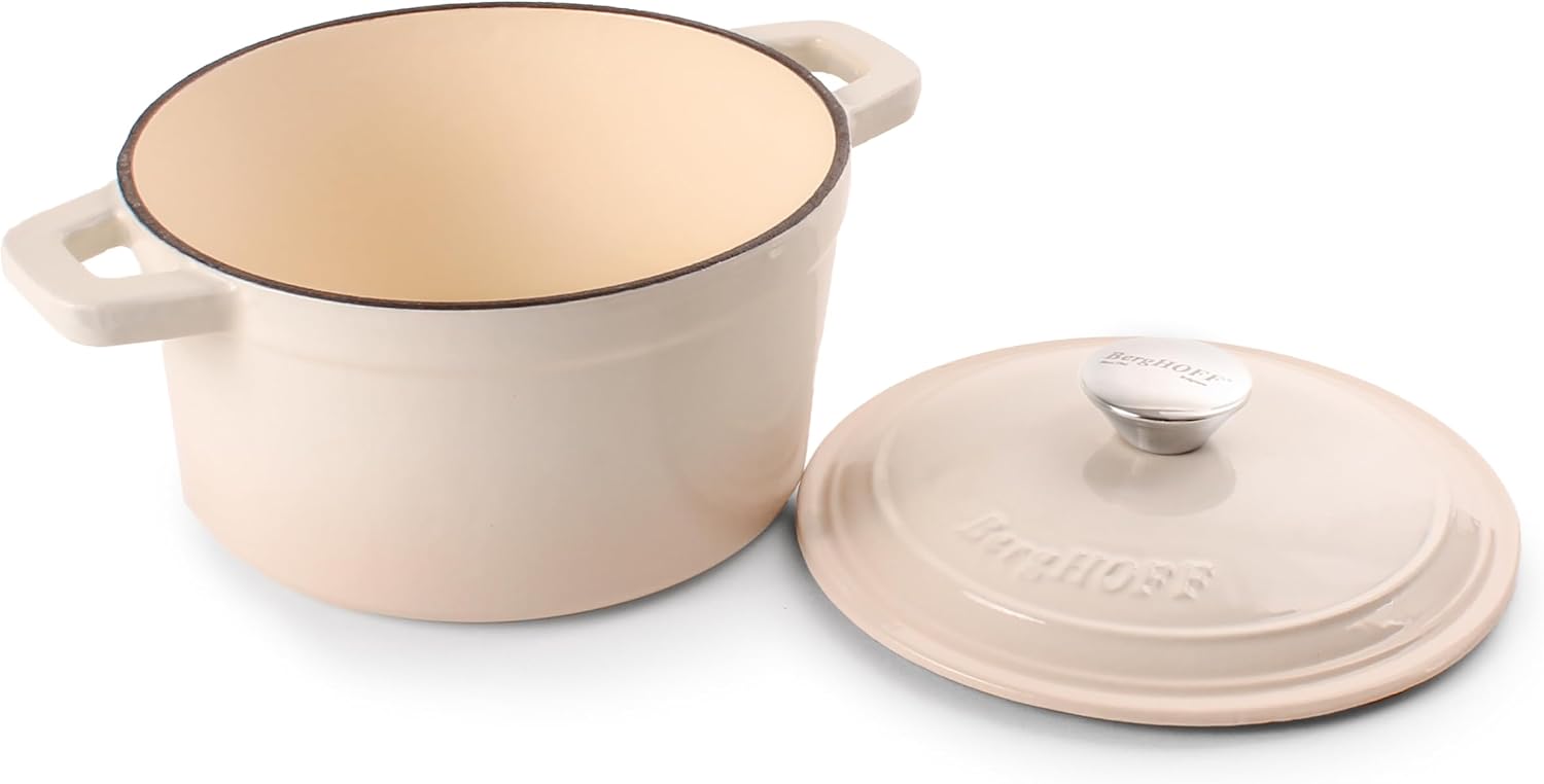 BergHOFF 3Pc Neo Enameled Cast Iron Cookware Set, 3qt. Dutch Oven, Matching Lid, Square Grill Pan 11 Inches, Oven Safe Up To 400°F, Meringue