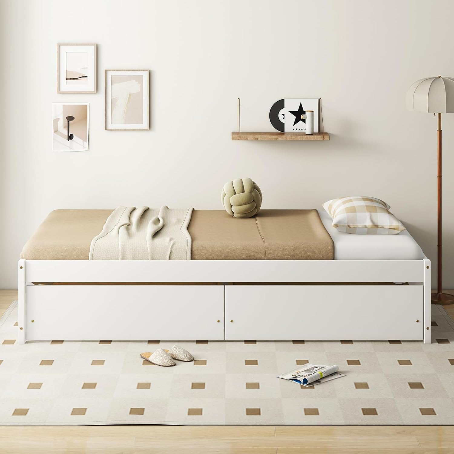 Giantex Twin Bed Frame with 2 Storage Drawers, Solid Wood Platform Bed with Slats Support, Heavy Duty Daybed with Storage, No Box Spring Needed, Twin Bed Frames for Kids Teens Adults Guests (White)