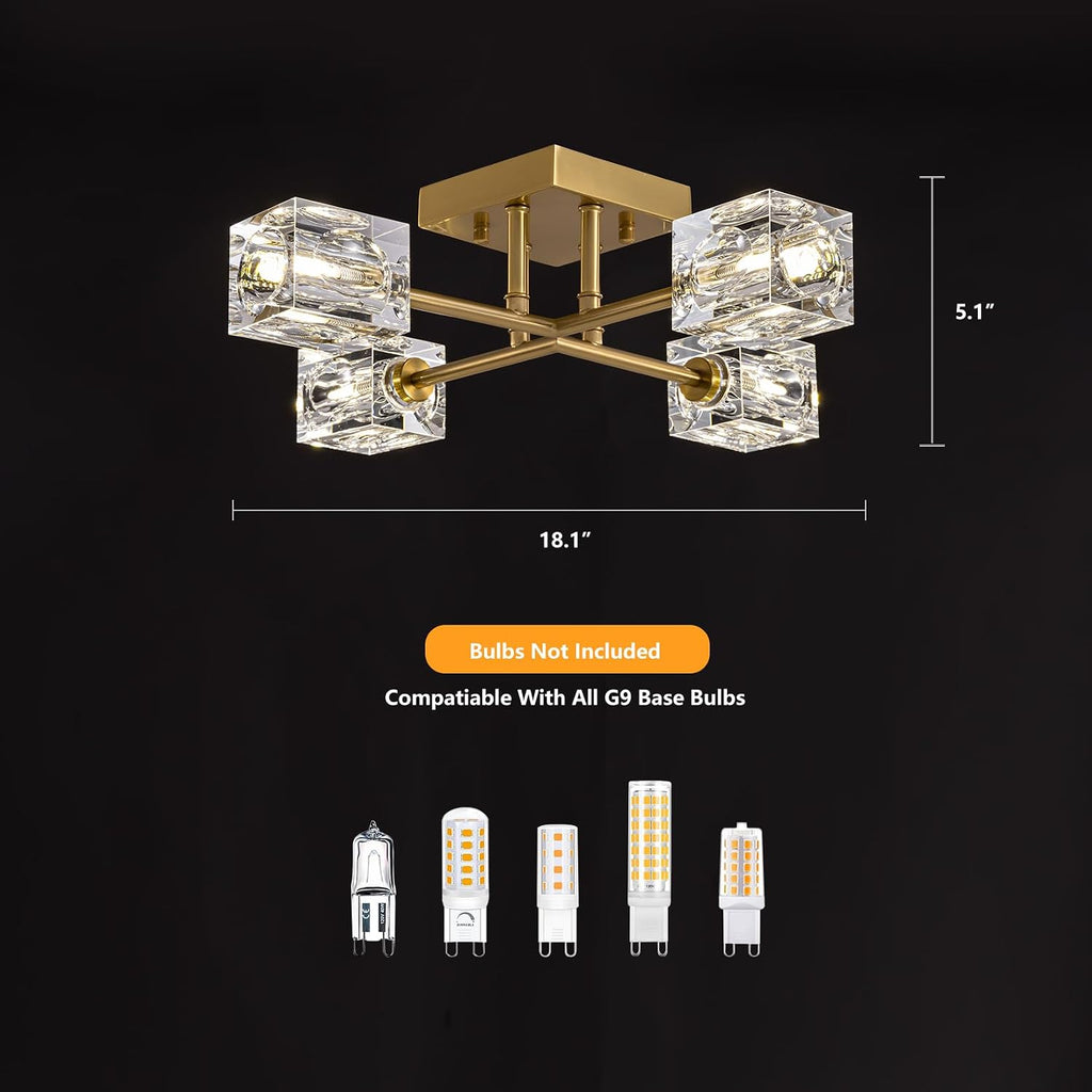 Gold Modern Sputnik Chandelier Ceiling Light Fixtures,4-Lights Industrial Crystal Semi Flush Mount Ceiling Light for Bedroom Dining Room Hallway Kitchen Bedroom Entryway