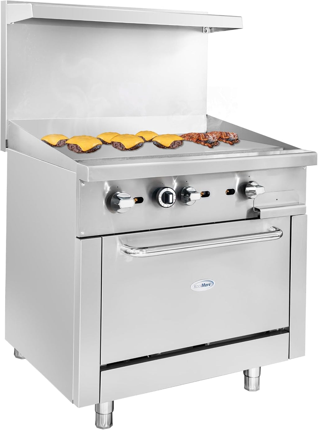 KoolMore 36 in. Commercial Natural Gas Oven with Full Griddle Top, Ceramic Coated Interior and Large Upper Shelf, 90000 BTU, CSA Listed in Stainless-Steel (KM-CRG36G-NG)