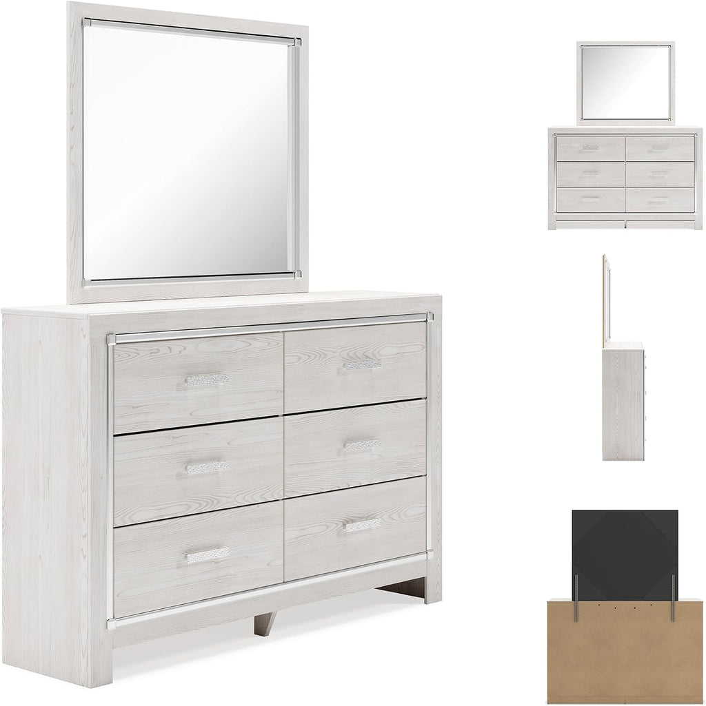 Signature Design by Ashley Altyra Modern Smooth-Gliding 6-Drawer Dresser and Mirror with Safety Stop, White