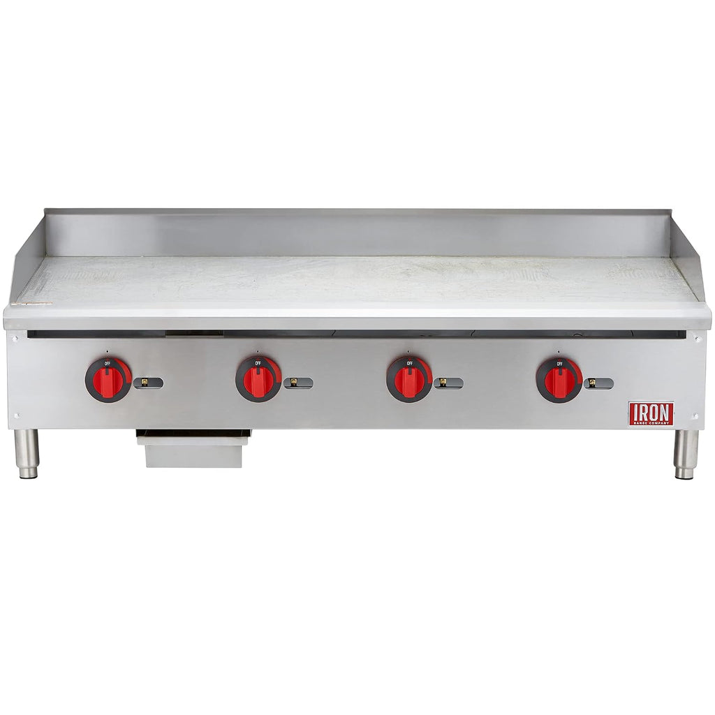 Iron Range IRMG-48 48' x 21' Countertop Commercial Gas Griddle, 120,000 BTU, 4 Burners, Stainless Steel, Manual Controls, ETL Listed, U-Style Burners, LPG Conversion Kit Included