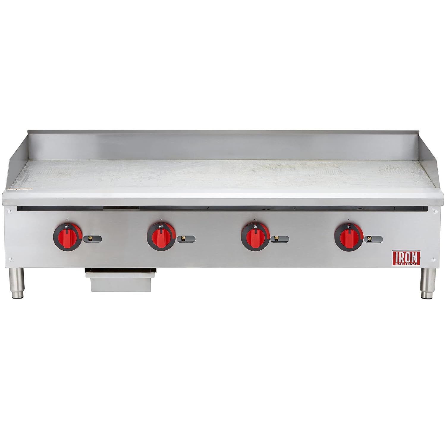 Iron Range IRMG-48 48' x 21' Countertop Commercial Gas Griddle, 120,000 BTU, 4 Burners, Stainless Steel, Manual Controls, ETL Listed, U-Style Burners, LPG Conversion Kit Included