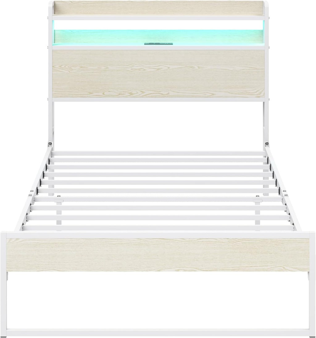 Elephance Twin Bed Frames with Charging Station and LED Lights, Metal Bed Frame with 2-Tier Storage Headboard, No Box Spring Needed, Noise Free, Easy Assembly,Beige