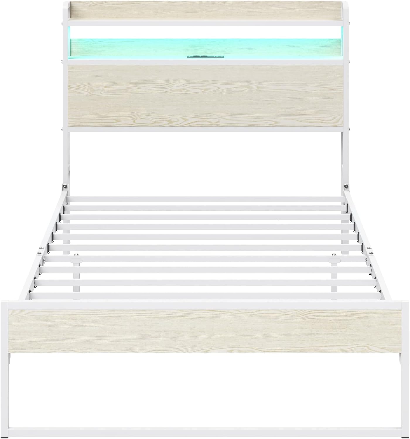Elephance Twin Bed Frames with Charging Station and LED Lights, Metal Bed Frame with 2-Tier Storage Headboard, No Box Spring Needed, Noise Free, Easy Assembly,Beige