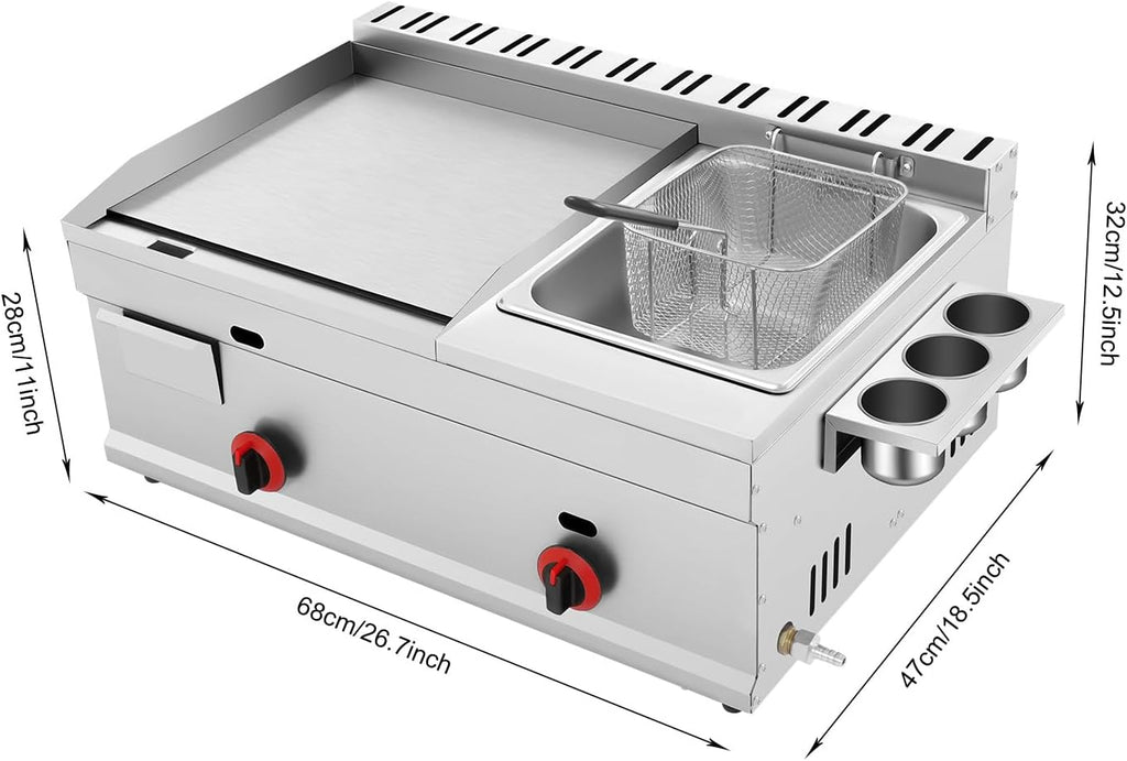 Commercial Flat Top Gas Propane Griddle Grill BBQ Hot Plate Grill + Deep Fryer, for Restaurants, Shopping Malls, Fast Food Shops, Snack Bars, Etc