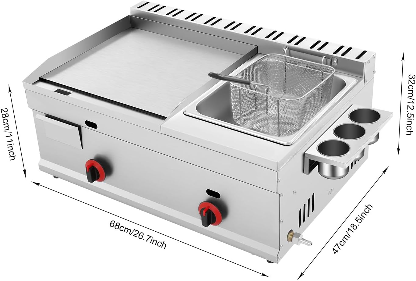 Commercial Flat Top Gas Propane Griddle Grill BBQ Hot Plate Grill + Deep Fryer, for Restaurants, Shopping Malls, Fast Food Shops, Snack Bars, Etc