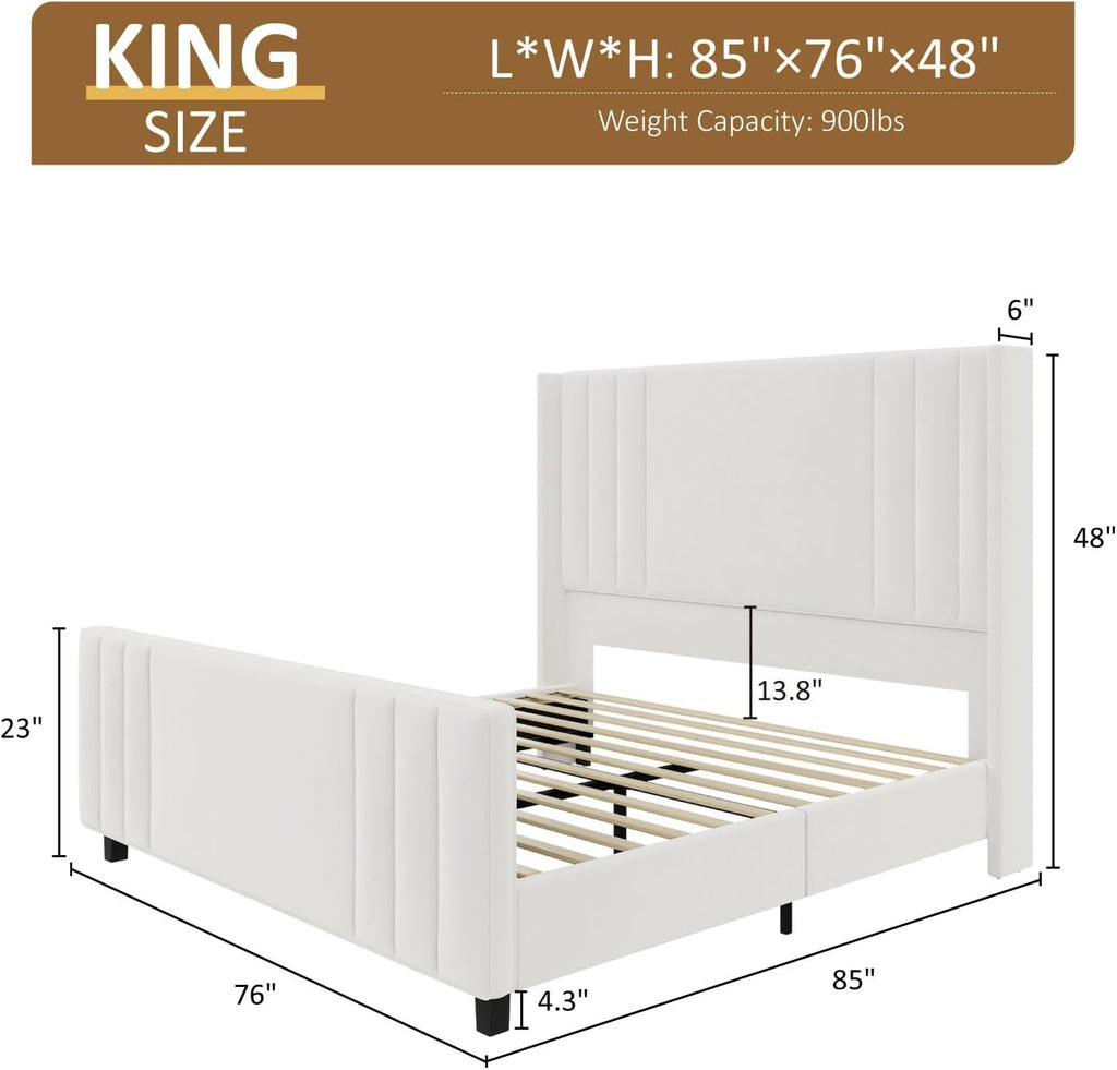 Albott King Size Platform Bed Frame, Upholstered Bed with Vertical Channel Tufted Wingback Headboard & Footboard, Premium Velvet, No Box Spring Needed, Cream