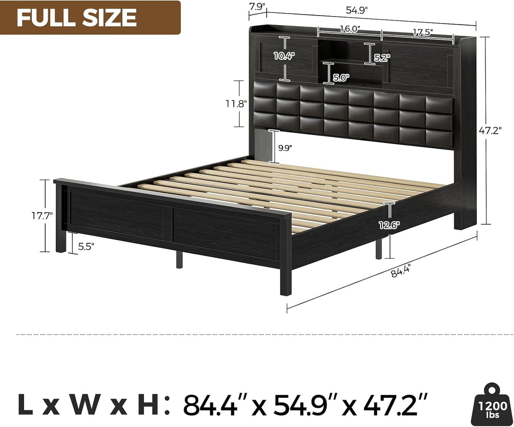 Rolanstar Bed Frame Full Size with Charging Station, Bookcase Headboard Bed with LED Light and Sliding Doors, Platform Bed with Wooden Slats, No Box Spring Needed, Noise Free, Black