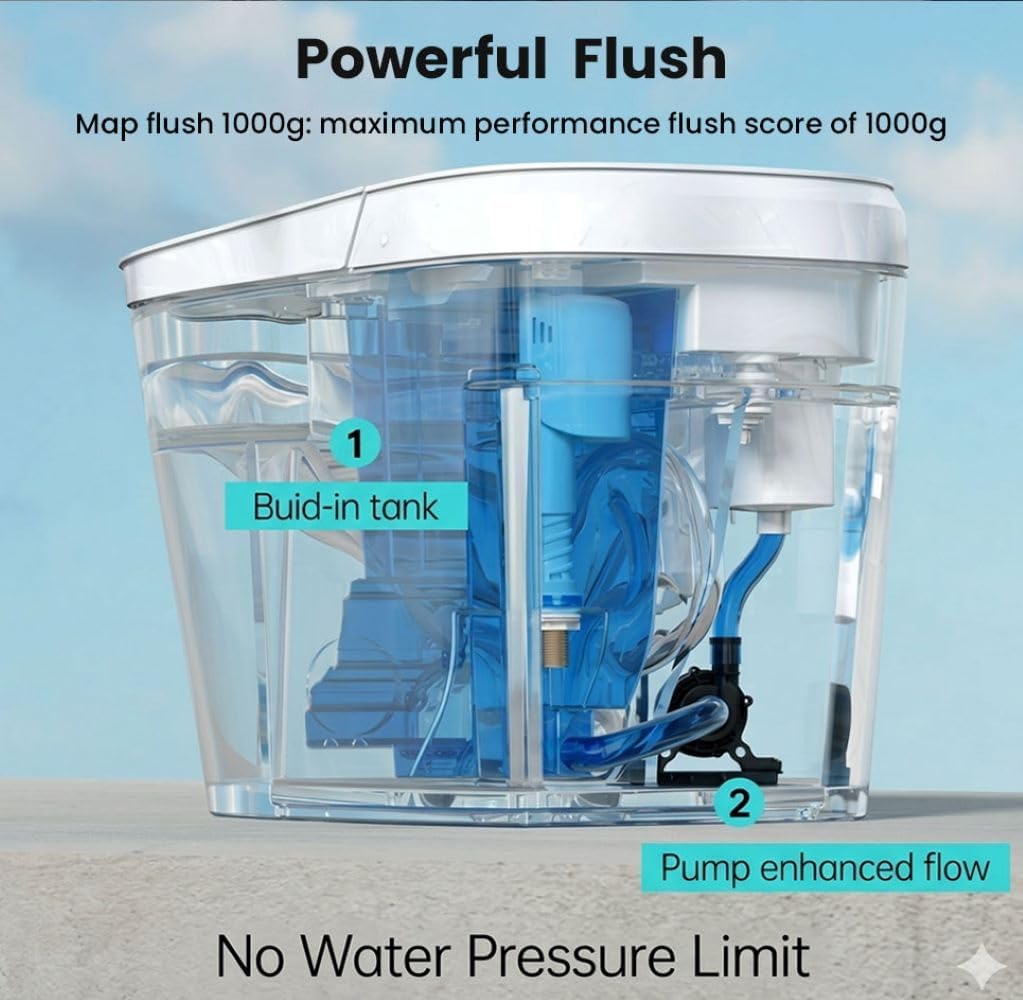 R&T U69-T One-Piece Smart Toilet with Pump-Assisted Flush & Built-in Tank, Chair Height Comfort - Auto Flush, Heated Seat, Warm Air Dryer, Auto Open Lid, Night Light, Deodorizer, Remote Control