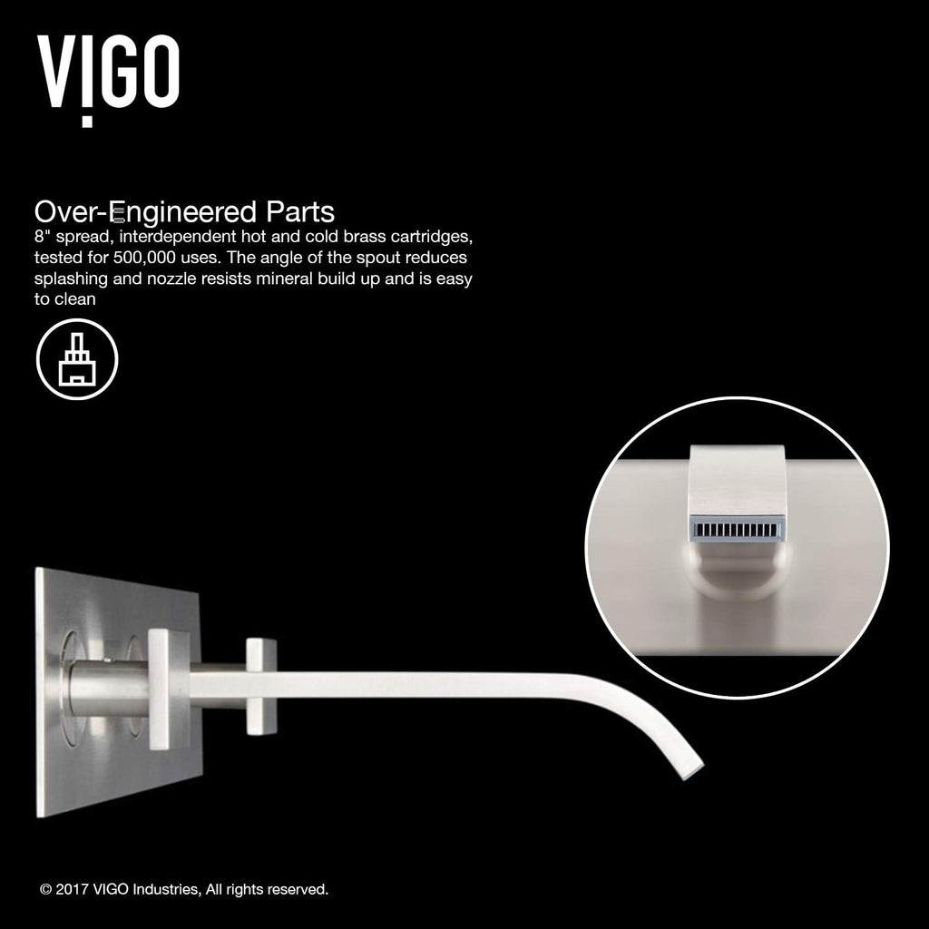 VIGO Titus Waterfall Two-Handle Three-Hole Wall Mount Bathroom Sink Faucet, Brushed Nickel, Modern Design, Solid Brass, 1.2 GPM WaterSense & Ceramic Disc Valve, Corrosion-Resistant