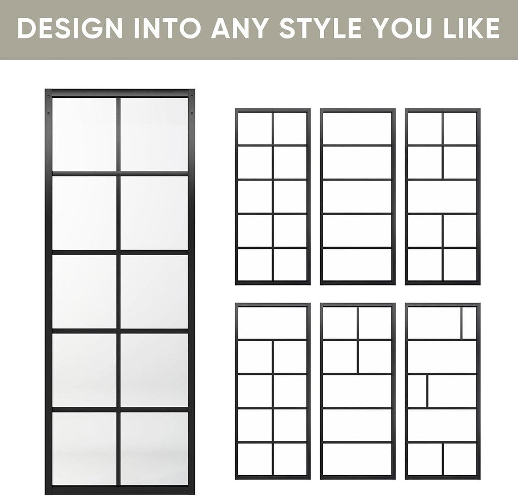JUBEST DIY Glass Sliding Barn Door - 30in x 84in Modern French 5-Lite Clear Tempered Glass Aluminum Frame Sliding Closet Kitchen Door - Easy Assembly