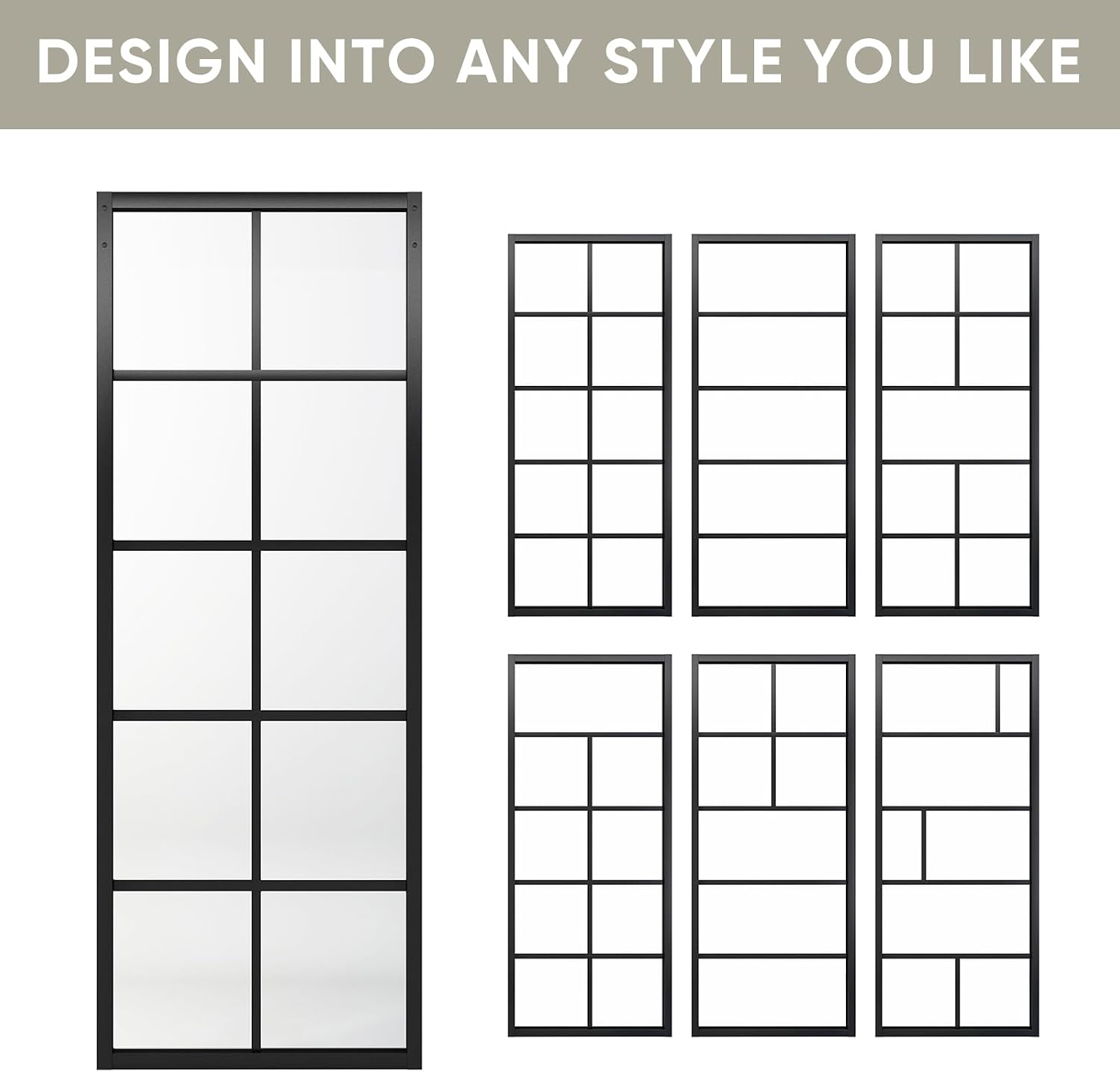 JUBEST DIY Glass Sliding Barn Door - 30in x 84in Modern French 5-Lite Clear Tempered Glass Aluminum Frame Sliding Closet Kitchen Door - Easy Assembly