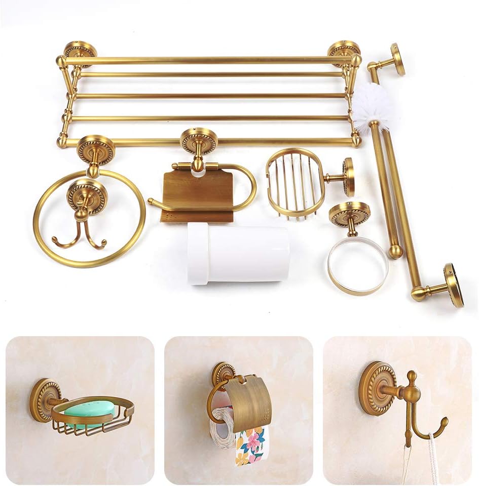 Bathroom Hardware Set, Wall Mount Towel Rack Kit for Family Needs, Includes Single Pole, Hand Towel Rack,Toilet Paper Holder, Brush Paper Holder, Soap Holder,Towel Ring, Hook (Vintage Copper 7pcs)